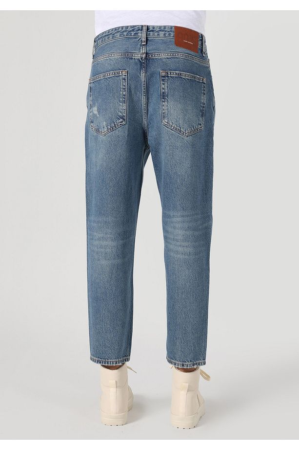 Loose Relaxed Fit Drop Crotch Kısa Paça Erkek Indigo Jean Pantolon - 3