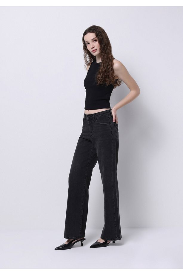 Regular Fit Yüksel Bel Geniş Paça Kadın İndigo Jean Pantolon - 3
