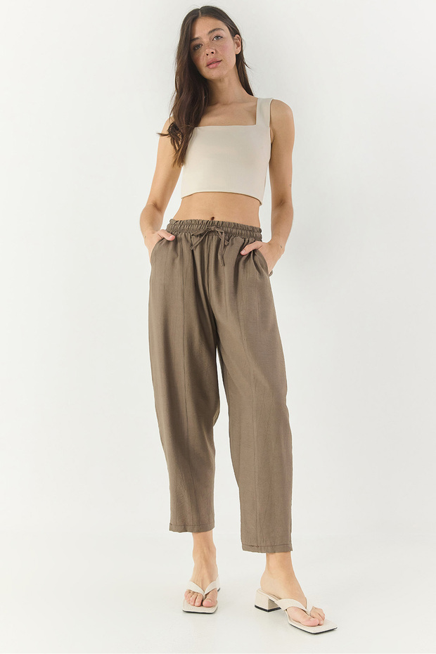 Women's Cappuccino Waist Tie Pocket Detailed Carrot Cut Summer Trousers 3878 60281041
