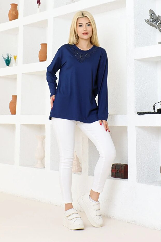 Women's Mother Combed Cotton Long Sleeve Beaded Embroidered Lycra Comfortable Mold Mother Combed Cotton Blouse T-shirt Mother's Day