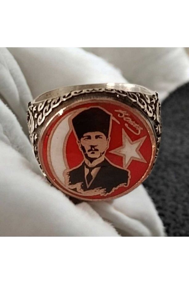 HİDSİLVER KMARYZKM Kırmızı Mine Üstüne Atatürk Resmi Yüzük Modeli - 2