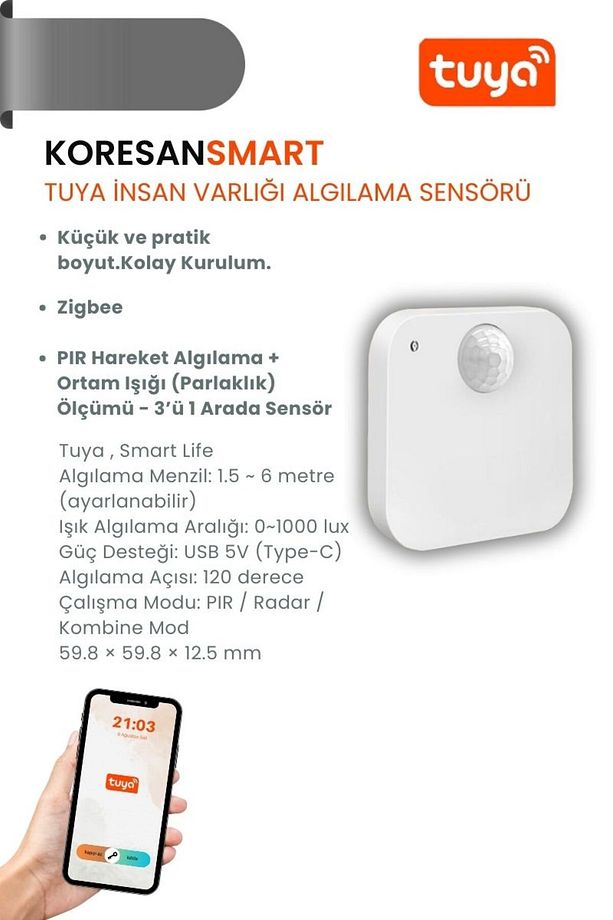 Tuya Zigbee Insan Varlığı Sensörü (RADAR) Pır Hareket Algılama Ortam Işığı Ölçümü 3'lü Sensör - 1