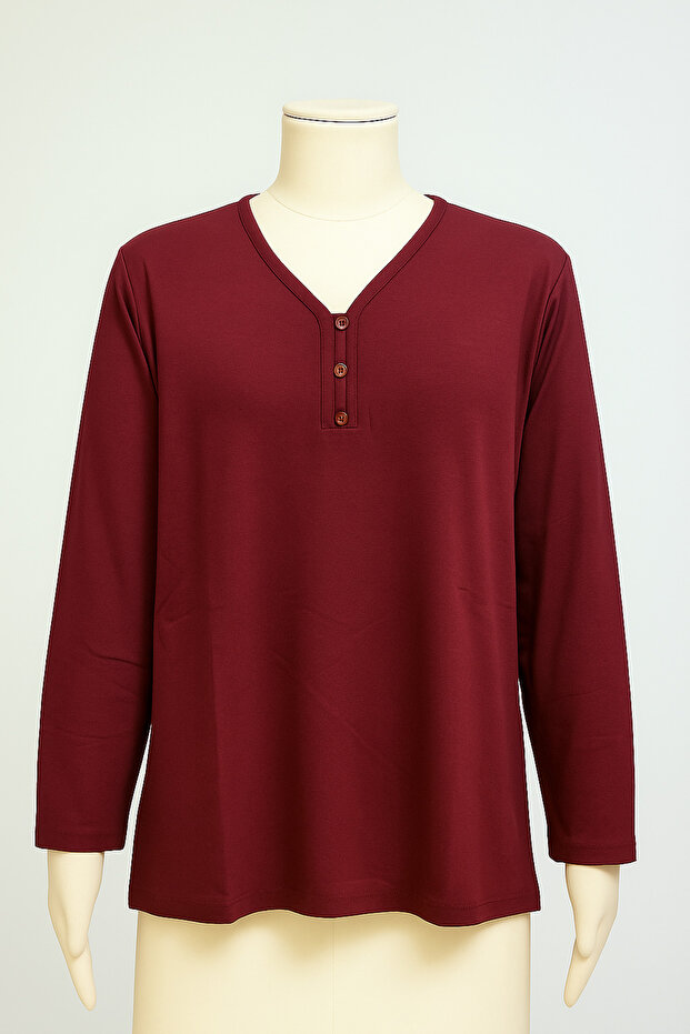 Women Mother 3 Button Modeled Long Sleeve Mother's Day Combed Cotton Blouse T-shirt