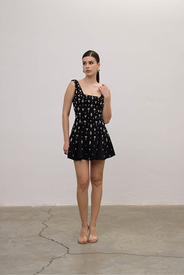 Parlak Taşlı Mini Volanlı Elbise - 2