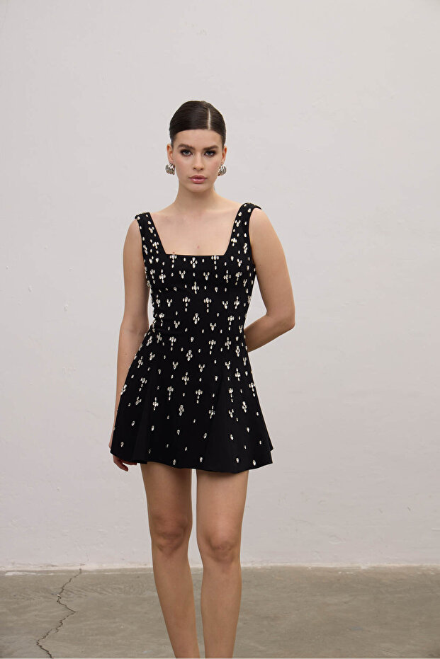 Parlak Taşlı Mini Volanlı Elbise - 3