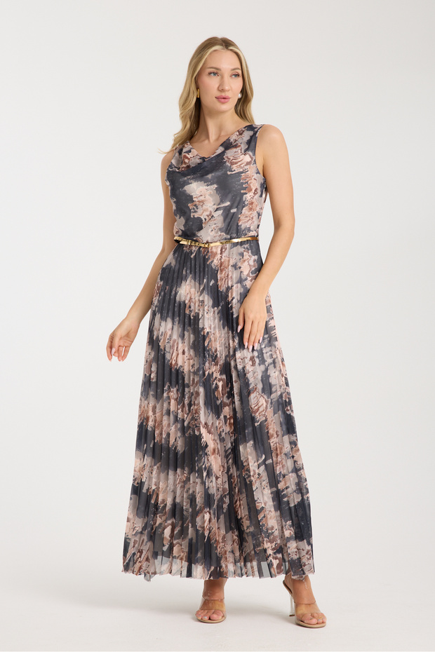 Black and Brown Color Brush Patterned Plisse Dress