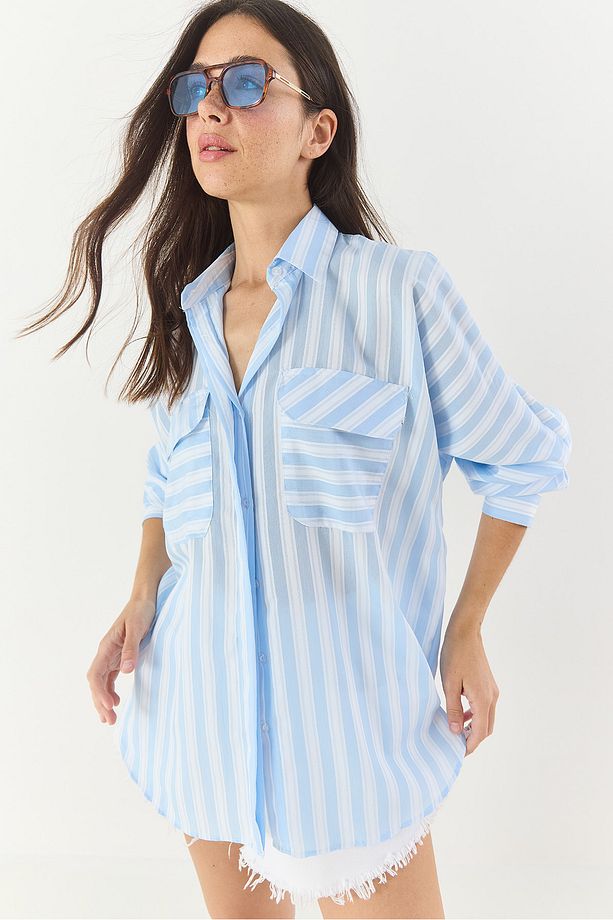 Kadın Kalın Çizgili Çift Cep Detaylı Oversize Basic Yazlık Gömlek 34399-1 60283249 - 4
