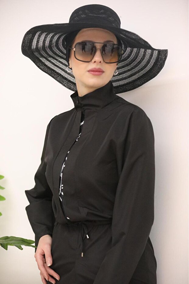 Piped Design Modest Parachute Fabric Jumpsuit Swimsuit