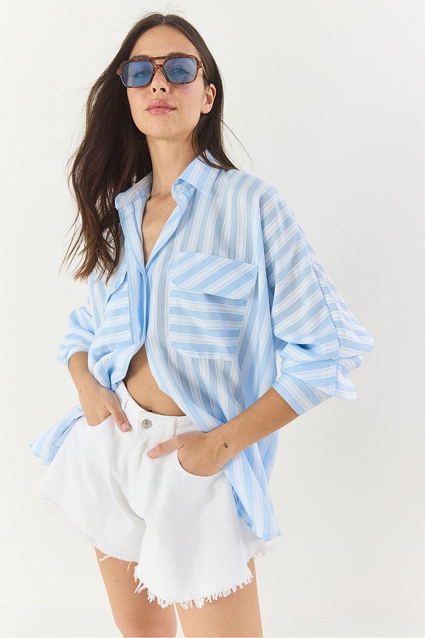 Kadın Kalın Çizgili Çift Cep Detaylı Oversize Basic Yazlık Gömlek 34399-1 60283249 - 6