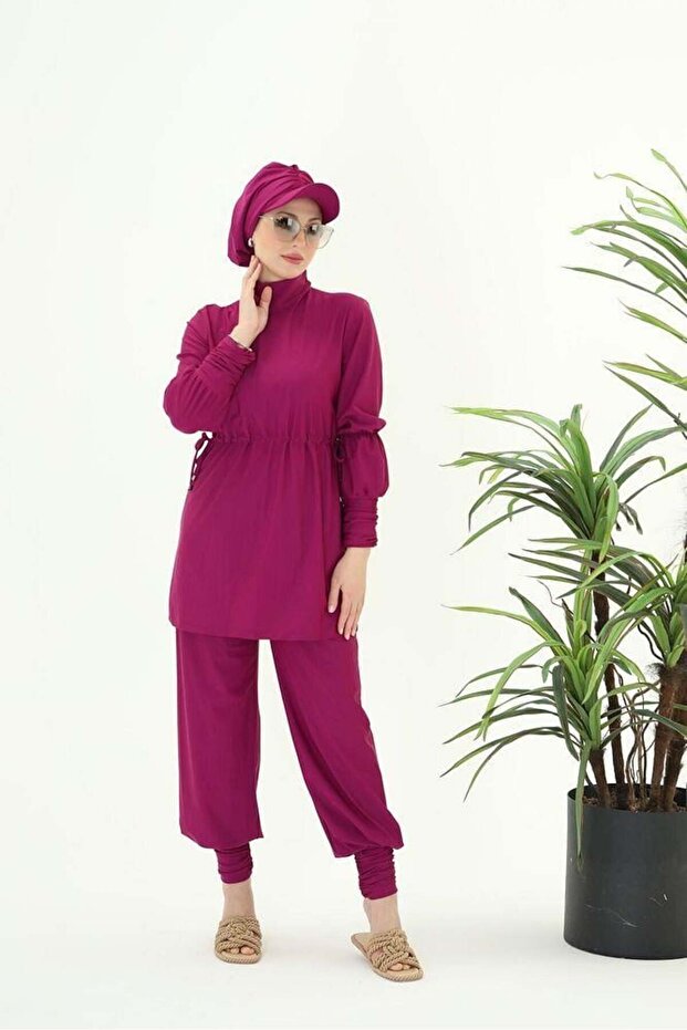 Diana Gather Detailed Design Hijab Lycra Fuchsia Double Suit Swimsuit