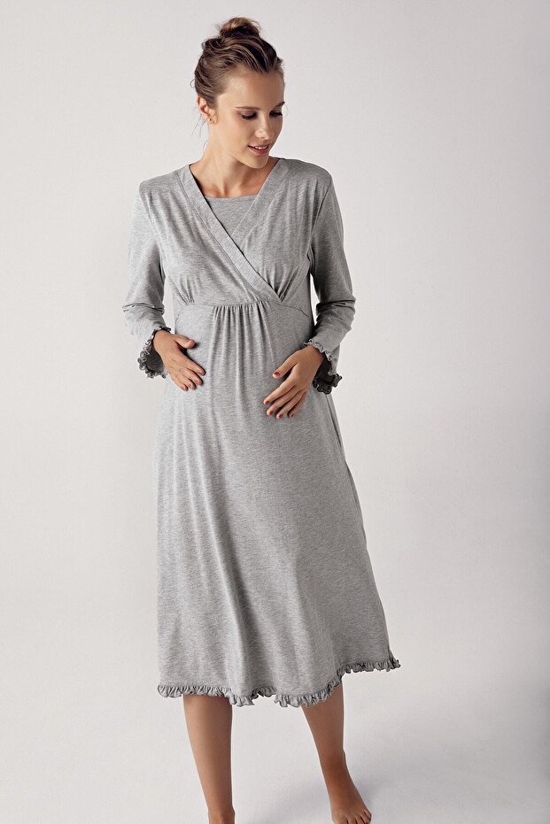 Women's Long Sleeve Stretchy Cotton Fabric Maternity Nightgown 13112