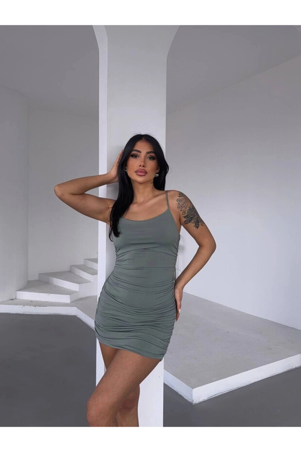 Women's Green Thin Straps Side Draped Mini Dress HZL25S-FRY123071