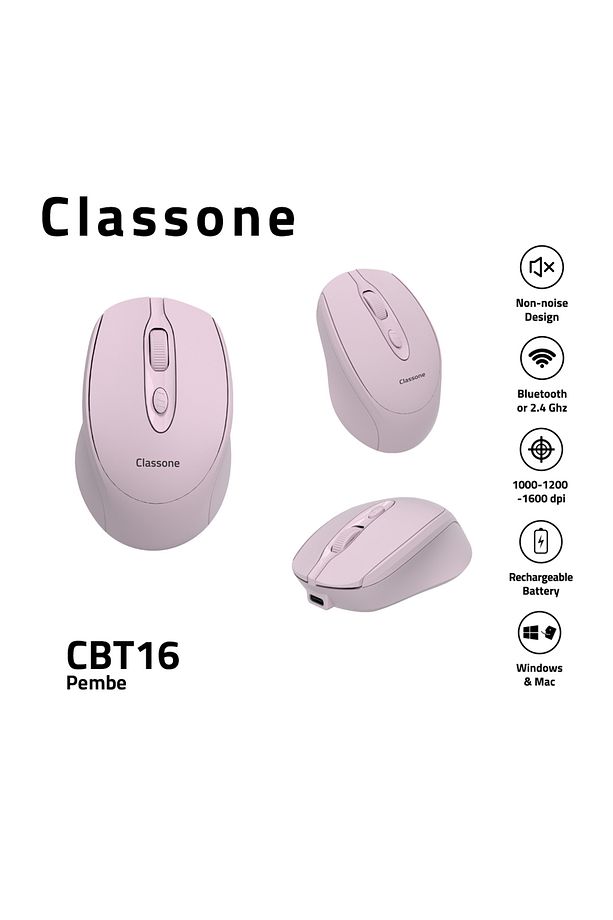 CBT16 Bluetooth + 2.4 Ghz Şarj Edilebilir Kablosuz Mouse - Pembe - 1
