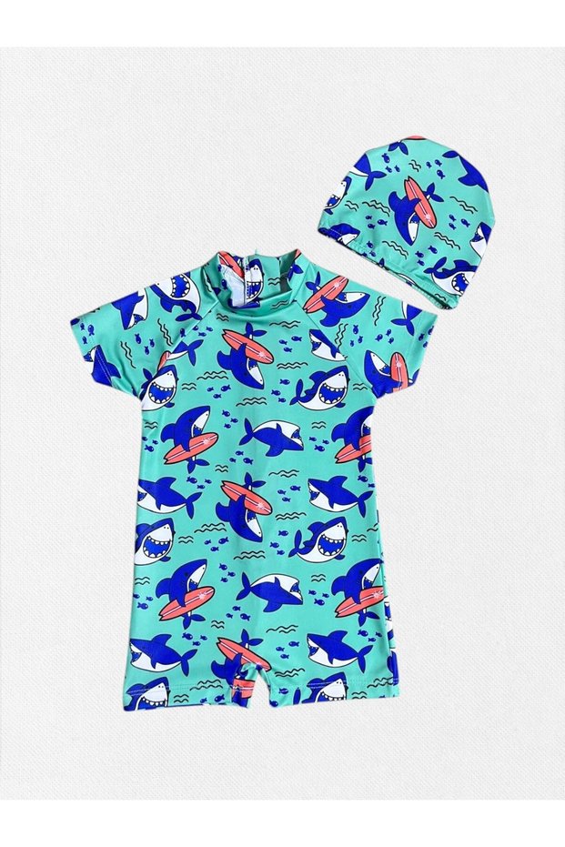 Boys Turquoise Color Surfer Shark Print Short Sleeve Tight Woven Quick Dry Bonnet Swimwear