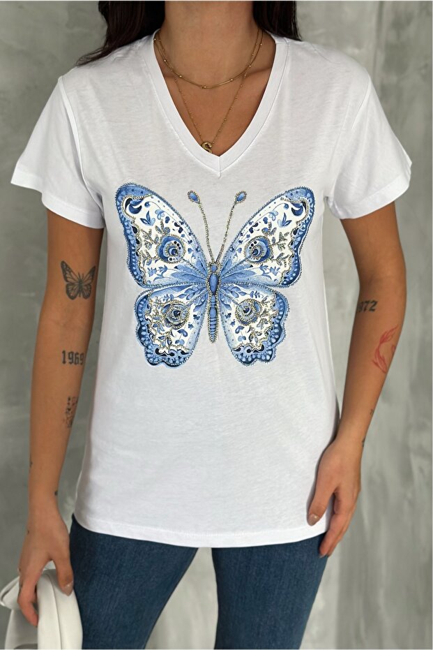 Women's White V-Neck Butterfly Sequin Sequin Embroidered 100% Cotton T-Shirt