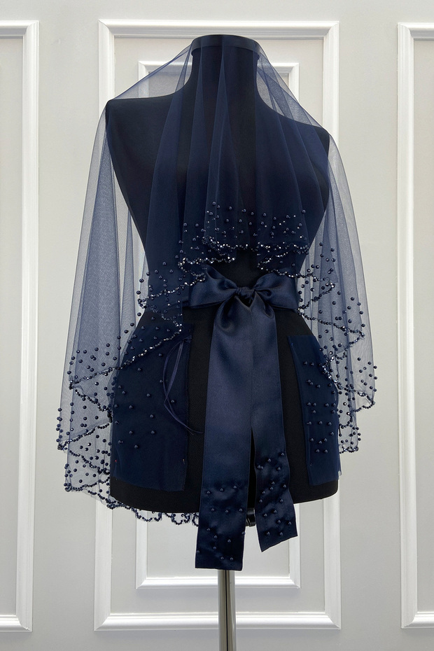 Navy Blue Bridal Veil Set with Sparkling Crystal Beads and Pearls, Henna Veil 6 Pieces