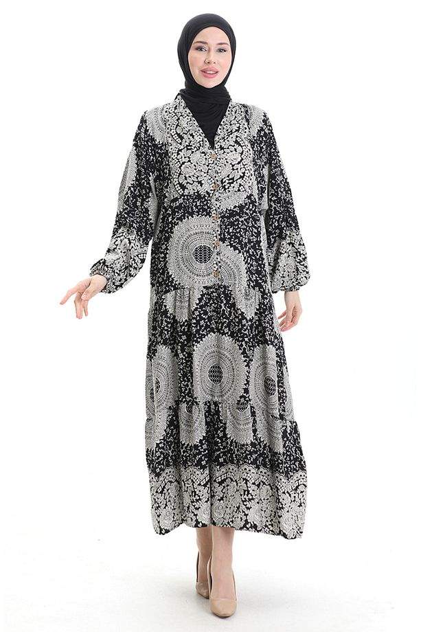 Viskon Kumaş Yarım Düğmeli Desenli Elbise 0061-01 Siyah - 1