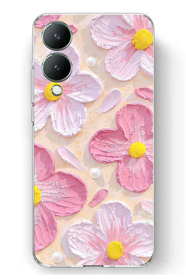 Vivo Y17S Uyumlu Pembe Beyaz Çiçekler Sulu Boya Şeffaf Silikon Kılıf - 1