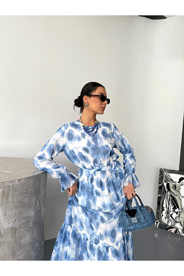 Patterned Belted Chiffon Dress