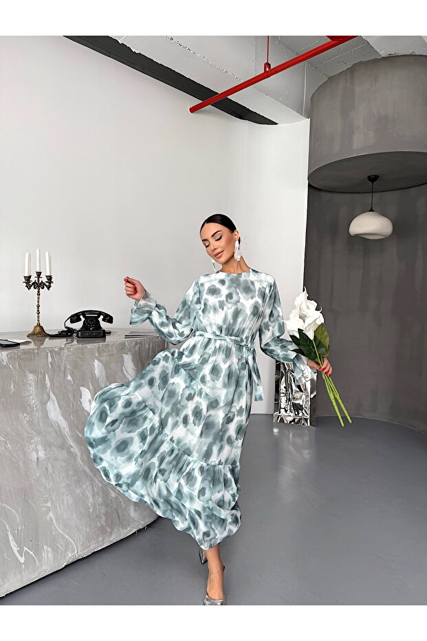 Patterned Belted Chiffon Dress