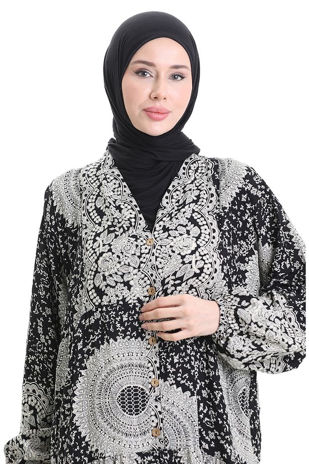 Viskon Kumaş Yarım Düğmeli Desenli Elbise 0061-01 Siyah - 4