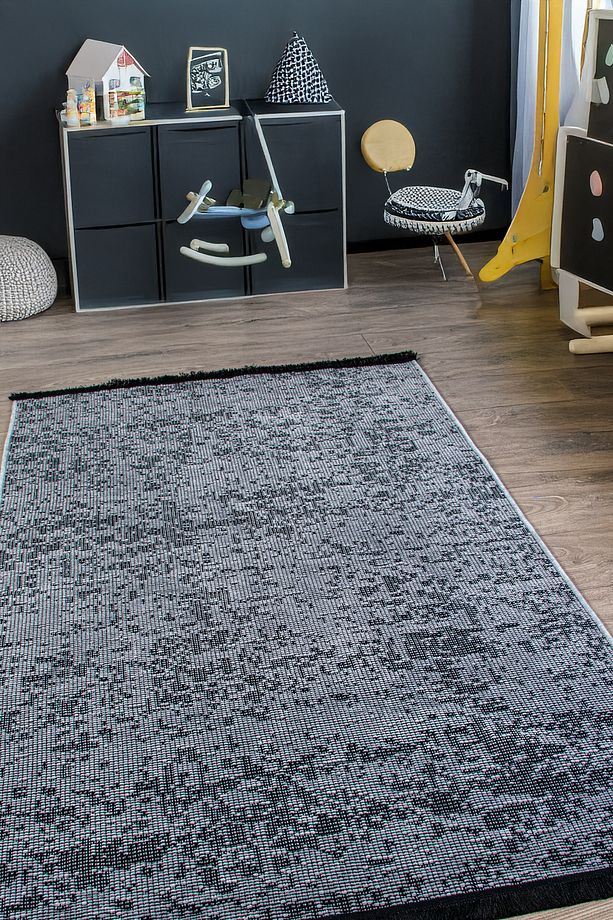 Gri Şönil Kilim Dokuma Makine Halısı Kaymaz Taban Yıkanabilir Pamuk Saçaklı Oturma Odası - 1
