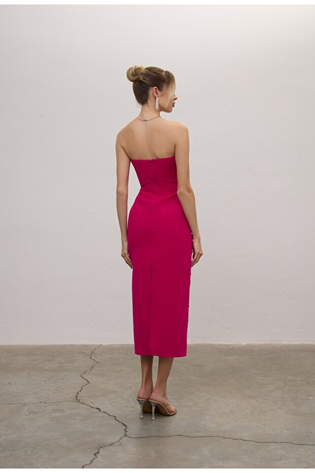 Straplez Midi Boy Taşlı Elbise - 4