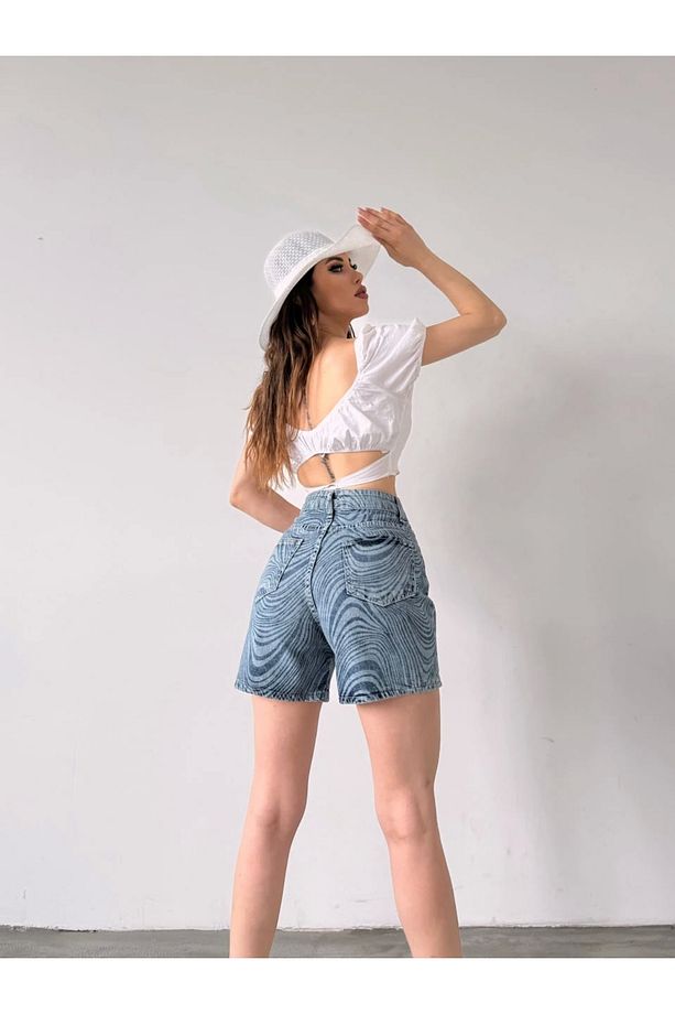 Desenli Denim Şort - 4
