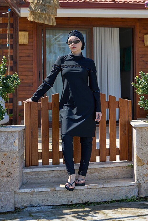 Belinda Bead Detailed Black Double Design Hijab Swimsuit