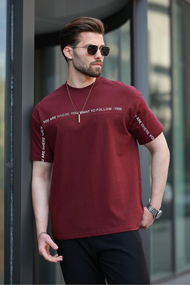 Bordo Bisiklet Yaka Baskılı Basic Tişört E7156 - 2