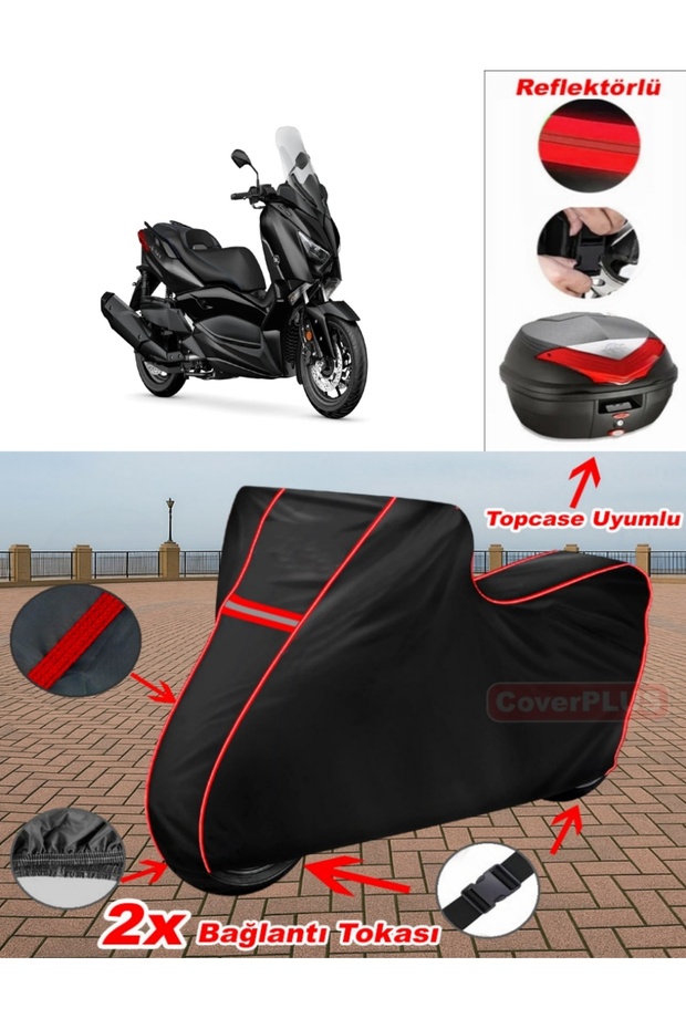 Yamaha 2025 Xmax Tarpaulin Black Topcase Rear Bag Compatible Motor Tarpaulin (Red Stitched)