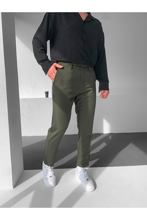 Khaki Italian Cut Stretch Lycra Ankle Length Fabric Pants