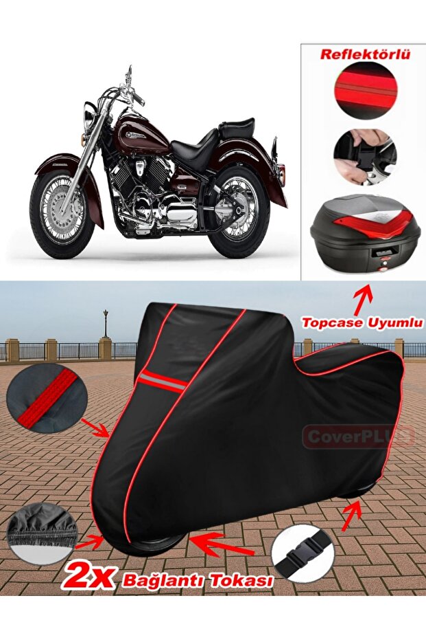 Yamaha Xvs 250 Drag Star Tarpaulin Black Topcase Rear Bag Compatible Motor Tarpaulin (Red Stitched)