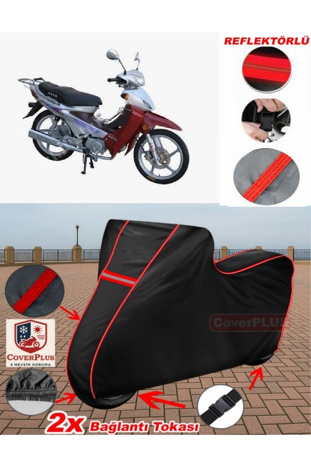 Asya AS 110-8 Tarpaulin BLACK Motorcycle Tarpaulin Motor Cover Motor Cover Tent (Red Stitched)