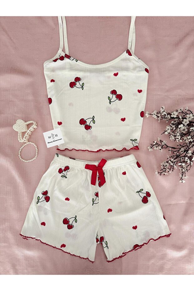 2-Piece Corded Cherry Shorts Summer Pajama Set