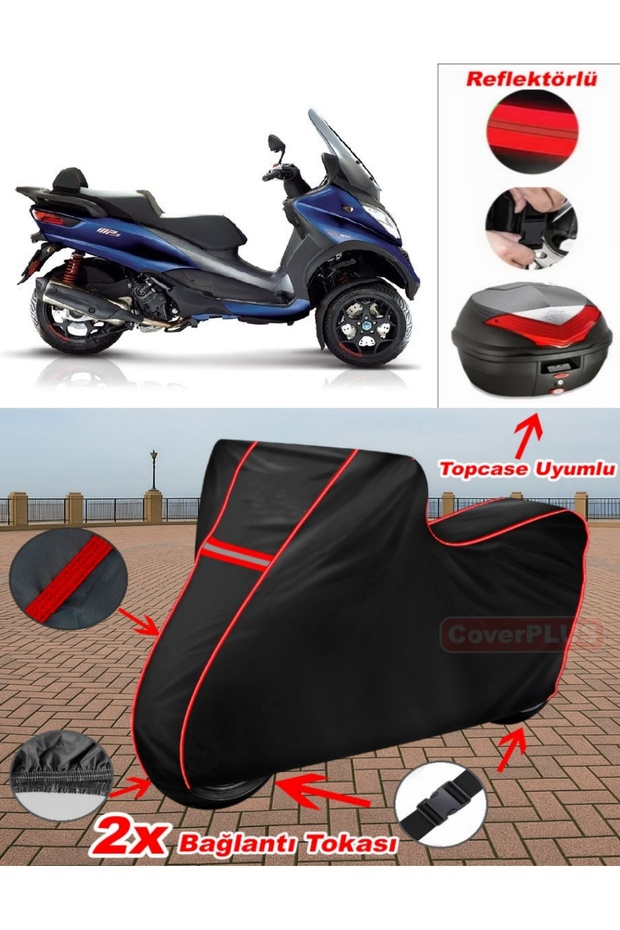 Piaggio Mp3 500 Tarpaulin Black Topcase Rear Bag Compatible Motor Tarpaulin (Red Stitched)