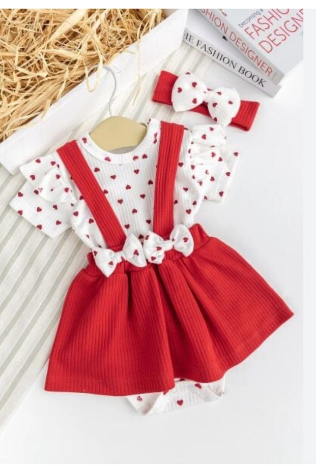 Baby Girl Ribbed Heart Short Sleeve Camisole Dress Red