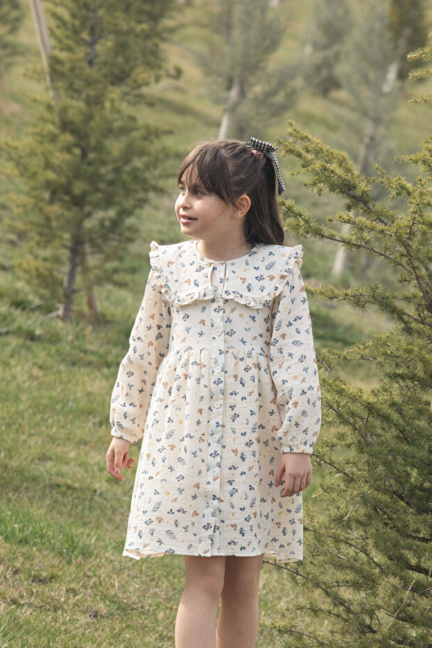 Blue Leaf Patterned Buttoned Muslin Girl's Dress 20310