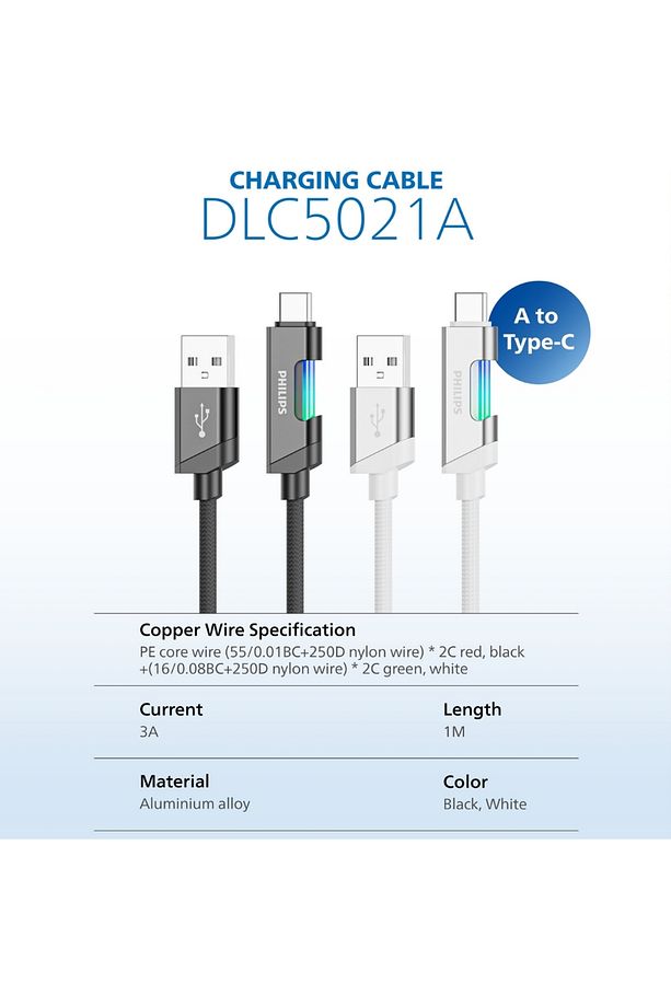 USB-Type-C Şarj Kablosu,Hızlı Şarj,3A Yüksek Akım,1 Metre,Örgü Kablo,Çok Renkli Işık,DLC5021A - 2