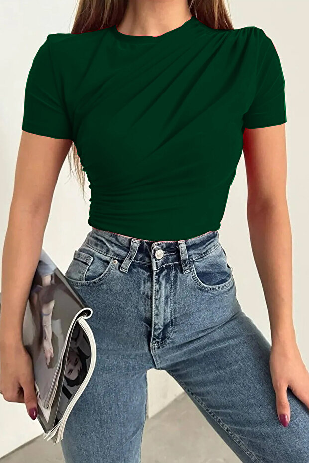 Women's Crew Neck and Waist Drawstring Sandy Fabric Short Sleeve Blouse
