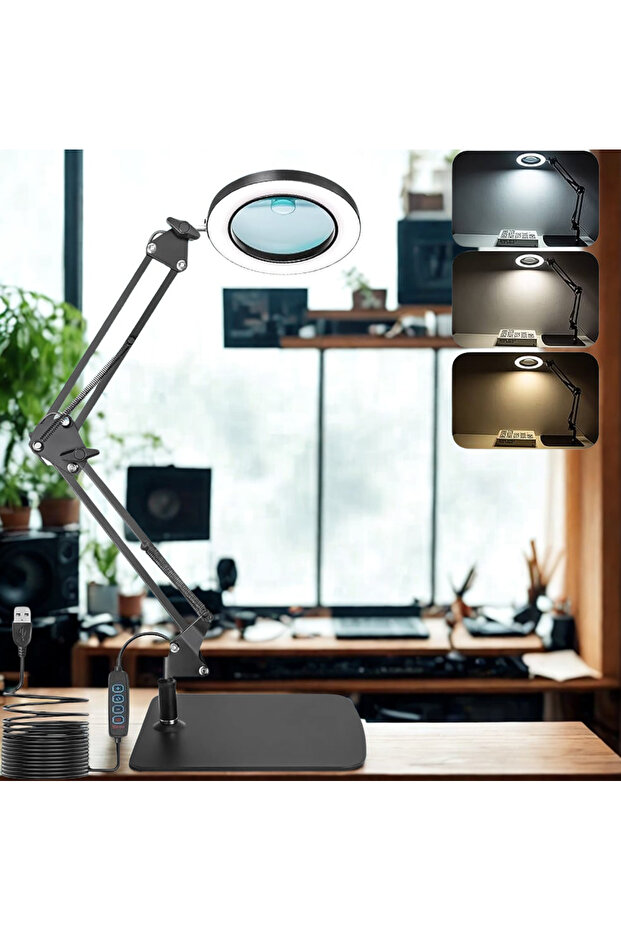 3 Renk Modlu Kısılabilir LED Büyüteçli Masa Lambası – Okuma, El İşi, Tamir ve Hobi Işığı - 5