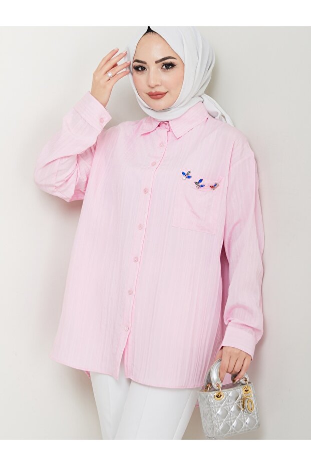 Pocket Stone Detailed Striped Long Sleeve Comfortable Fit Shirt