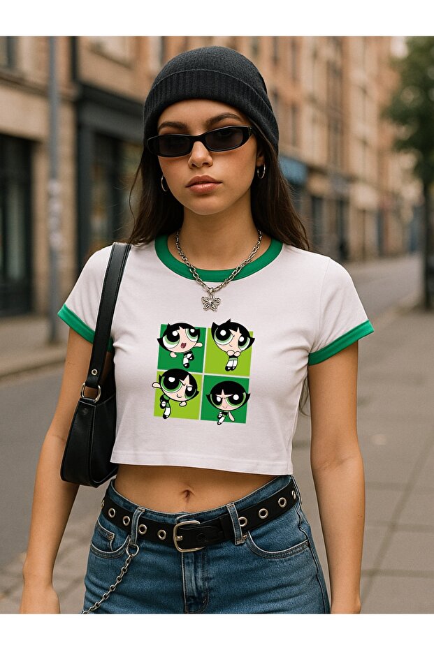 Piping the Powepuff Girls Printed White Body Crop Blouse