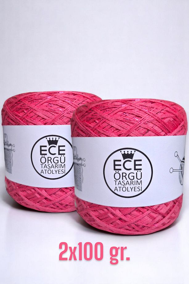 Pembe rengi çok katlı merserize koton arasına 1 kat pembe simli el örgü ipi (200 gr.) - 1