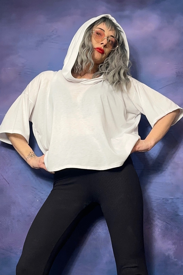 HOODED LOW SHOULDER LOOSE FIT T-SHIRT