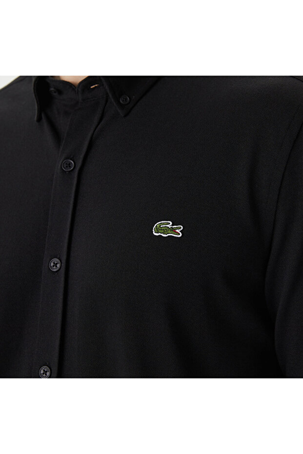Erkek Slim Fit Düğmeli Yaka Siyah Gömlek - 6