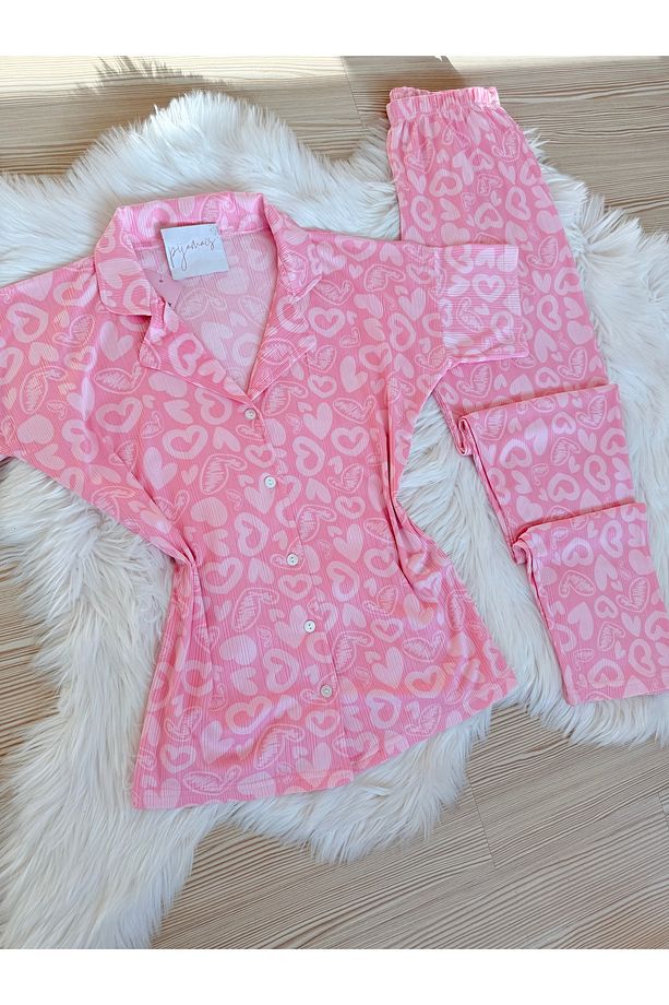 Açık Pembe Kalp Desenli Pegasus Kısa Kol Pijama Takımı - 6