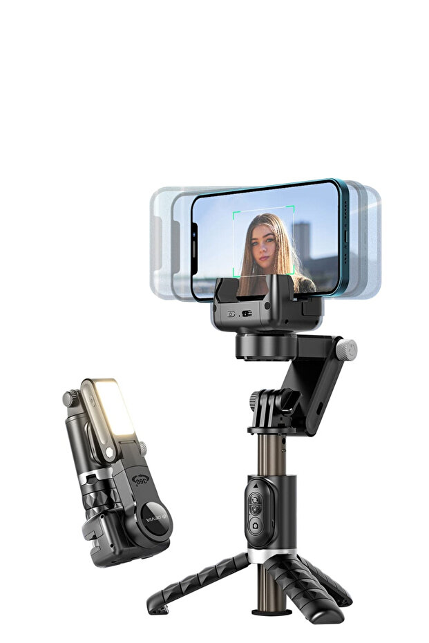 حامل ثلاثي متعدد الوظائف من ديفيا عصا السيلفي وجيمبال مكتبي متحرك 360 درجة مع اضاءة وتركيز على الوجه - 3