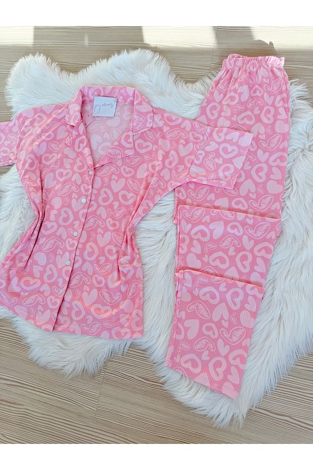 Açık Pembe Kalp Desenli Pegasus Kısa Kol Pijama Takımı - 7