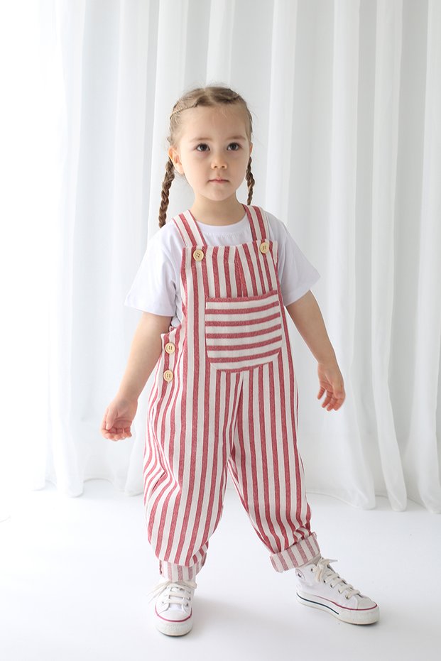 Girl's Red and White Striped Linen Suspender Jumpsuit